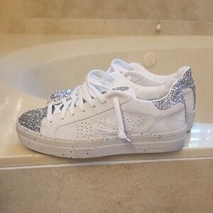 P448 Women's White Suede Sneakers with Silver Glitter Toe & Heel